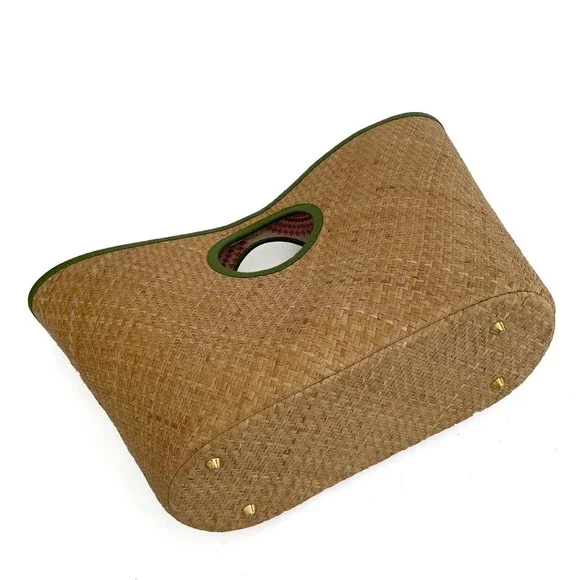 PUTU by J MacLear Natural Straw Bag Beach Tote Round Handle Green Trim Lined - Picture 4 of 11